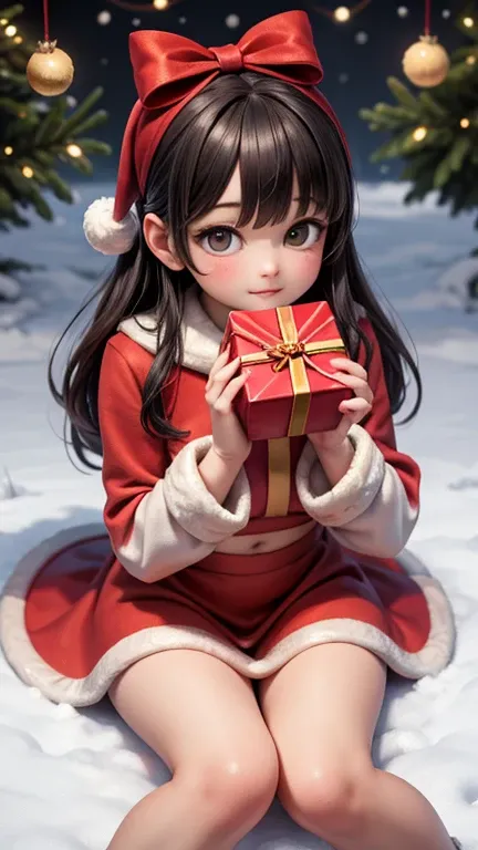 Young woman with long, black hair styled in soft waves, wearing a modern Santa-inspired outfit, sitting on a snowy ground while holding a large, wrapped gift box with both hands extended toward the camera.
She wears a festive red Santa crop top with long s...