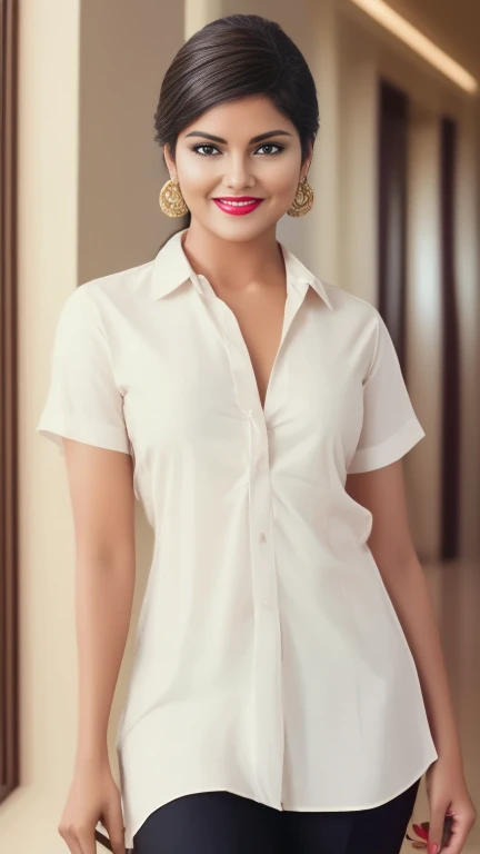 Classic Bollywood glamour,nude,wearing only transperent white formal plain shirt,nude lower body,smile,,dazzling accessories, (captivating eyes, red lips, flawless skin), luxurious backdrop, dramatic pose, interesting composition, spotlight illumination, s...