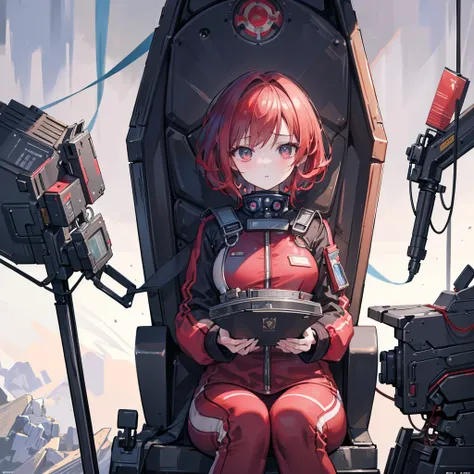 Absurd resolution,  high resolution, (masterpiece: 1.4),  high detail , 1 young woman, Short red hair, pilot suit, Rich Princess, Sitting in a very cramped and enclosed mech control room, The expression is afraid to cry and open your mouth to call for help...