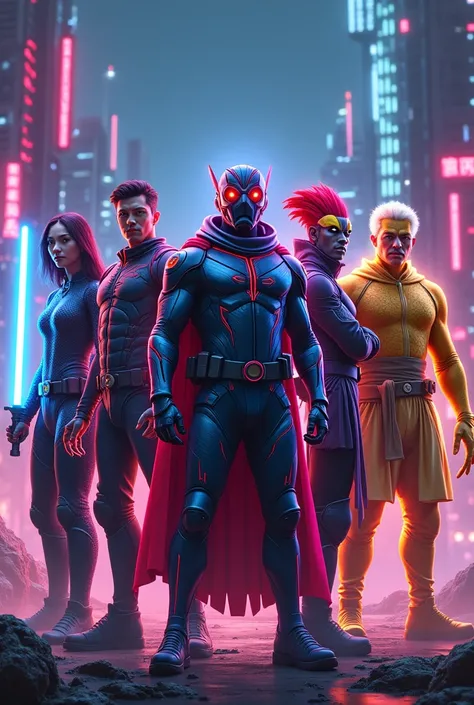 A powerful superhero group called the Dominion Knights stands heroically in a futuristic cityscape glowing with neon lights and advanced technology. The group consists of several unique characters. One is a leader in a neon blue and red futuristic outfit w...