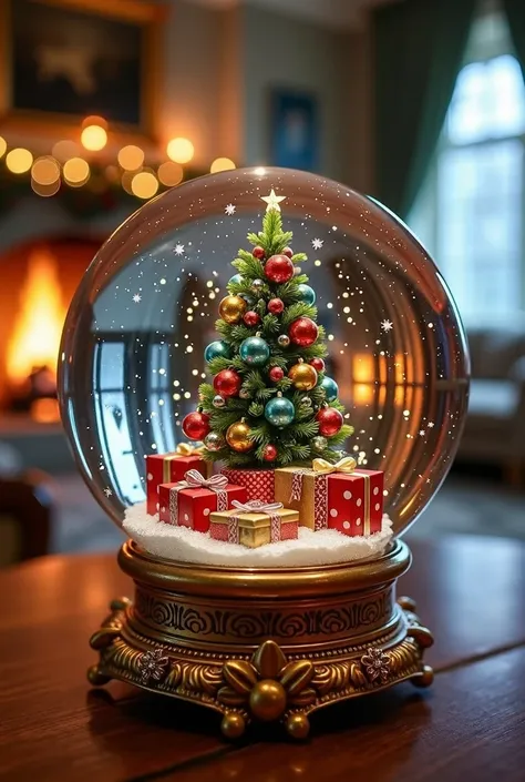  A crystal ball ,  with a detailed scene of a cozy room in a villa during Christmas . The room has a large Christmas tree, beautifully decorated with twinkling lights and colorful balls and falling snow.. At the foot of the tree ,  a bunch of presents wrap...