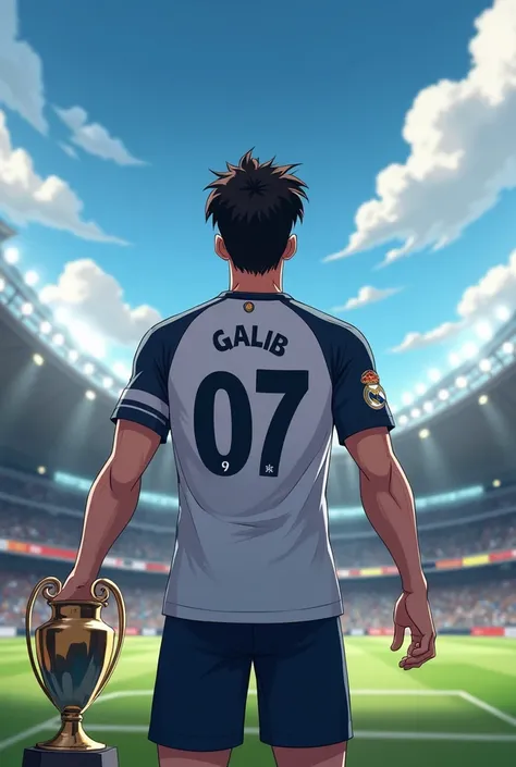 A Anime Man is playing Efootball mobile game facing UEFA Champions League big trophy with field in Santiago Bernabéu Stadium, wearing a Esports jersey kit number 07, has "GALIB PRO" written on his jersey backside With Team Name " GALIB PRO " On jersey belo...