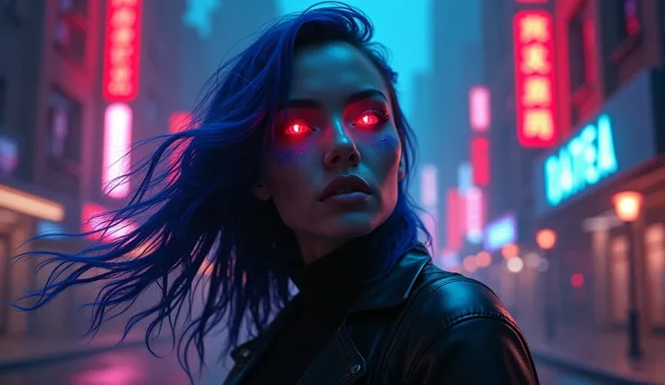  high-resolution images of mysterious women on dark futuristic backgrounds 。Her face is、 Deep Blue、 Purple 、 illuminated with red shades of cold neon lighting .。 she has a sharp and impressive face .、 her eyes glow dim 、 its supernatural , Cyber exterior ....