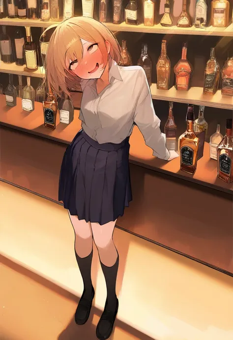 masterpiece, best quality, Schoolgirl chugging a whisky bottle of liquor, looking up, in bar, full body, drunk face, standing, rolling eyes, from front