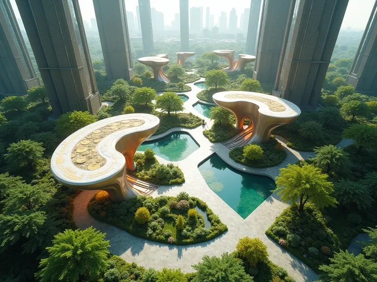 Create a complet Architectural Design Illustrate a futuristic garden prayer ground filled with trees, sun shades and skyscrapers, show top view 