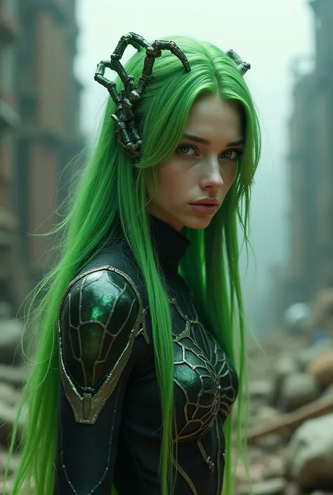 A five-haired green skio-haired woman dressed as a Spider-Man with her face defined and turned to the camera without the mask in the background, a futuristic setting full of destruction. 