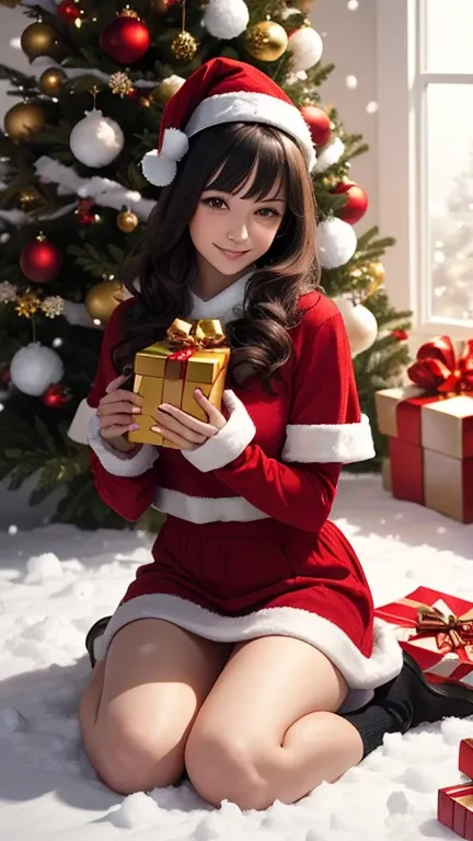 Young woman with long, black hair styled in soft waves, wearing a modern Santa-inspired outfit, sitting on a snowy ground while holding a large, wrapped gift box with both hands extended toward the camera.
She wears a festive red Santa crop top with long s...