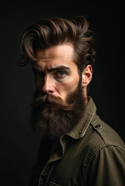 a masculine man with a very dense beard and a mustache ,in vintage colors ,with only half body showing from and side view ,from a third person view ,from a bit of distance ,with a blank black background and the image has a very vintage vibe in it ,like a y...