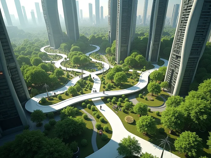 Create a complet Architectural Design Illustrate a futuristic garden prayer ground filled with trees, sun shades and skyscrapers, streets, light in the streets, show top view 