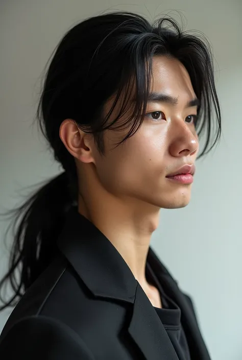  A handsome young man with long hair , seeds,  and tied in a low ponytail , looking elegant and modern .  His hair is jet black and shines slightly under the light . 