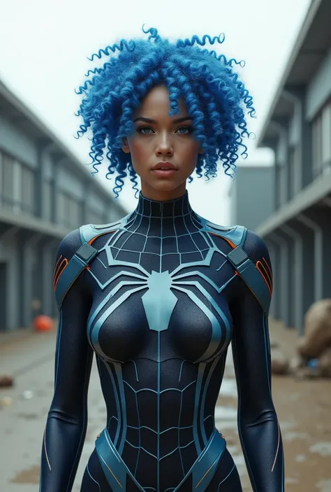 A  curly blue-haired skio-body dressed as a Spider-Man with her face defined and facing the camera without the mask in the background a military base 