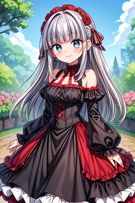  Photoshoot  , cute girl, (( One Girl )), ((baby face:1.1)), ((cute:1.2)), 
break 

((Black and Red:1.4) Gothic Lolita Dress ) :  elegant  + (Quinceanera dress ) + (Red frills) +  Gothic Fashion +  dark gothic  + ((Black and Red) corset) + (Comes with a ri...