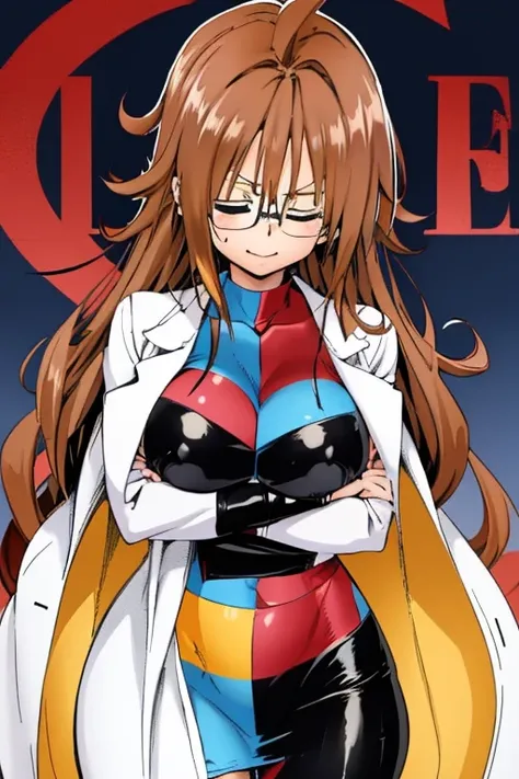 Masterpiece, Best quality, defa21, Lunettes, checkered dress, Labcoat, collants noirs, Haut du corps, gros seins, smirk, furrowed brow, Regarder le spectateur, mouth closed, comptoir, science, Béchers, microscope, arms crossed, big breast