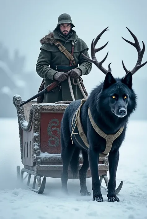 soldier on fathers sleigh pulled by a black wolf with reindeer horns