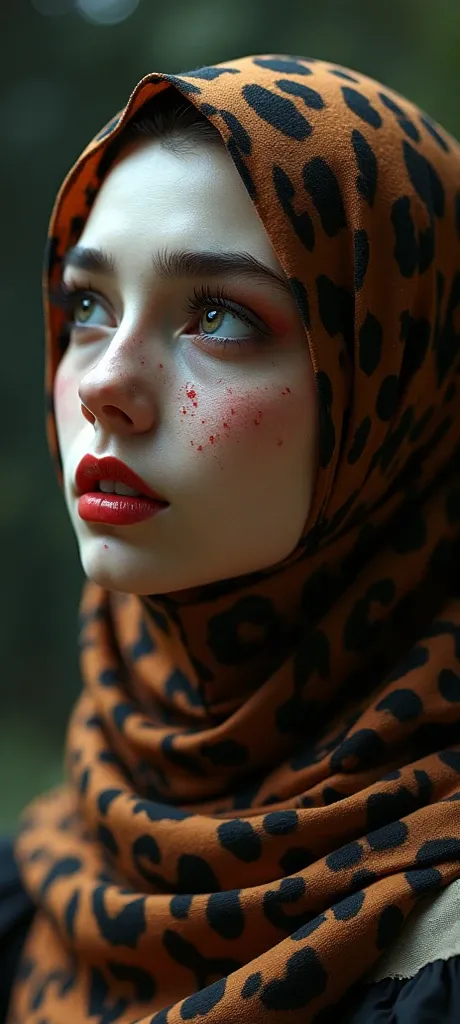 ((Raw image), nonsense, (absurd accuracy), masterpiece, best quality, (8k ultra detailed uniform CG background)، ( best illustration)، (best shadow)Realistic lighting, beautiful and detailed glow, ((21 years old)), a girl, a brown leopard hijab, a white qu...