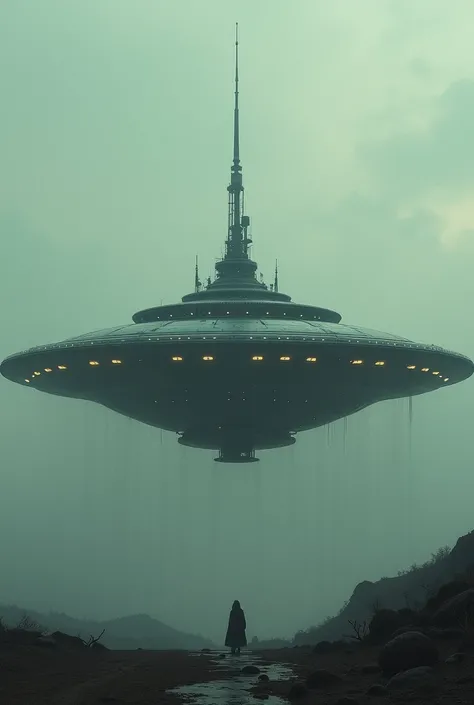 A UFO that has an antenna above ,  that is huge and the UFO is flat and circular.