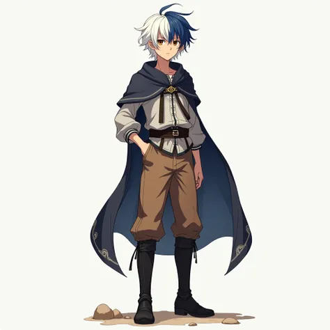  19-year-old boy , half blue half white hair,  brown eye ,Medieval clothing for mens reference,Brown Pants, black boots,anime style,anime,He stands tall,simple background,medium hair