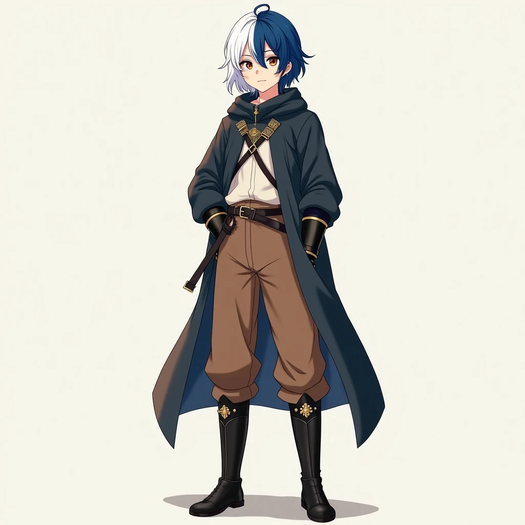  19-year-old boy , half blue half white hair,  brown eye ,Medieval clothing for mens reference,Brown Pants, black boots,anime style,anime,He stands tall,simple background,medium hair