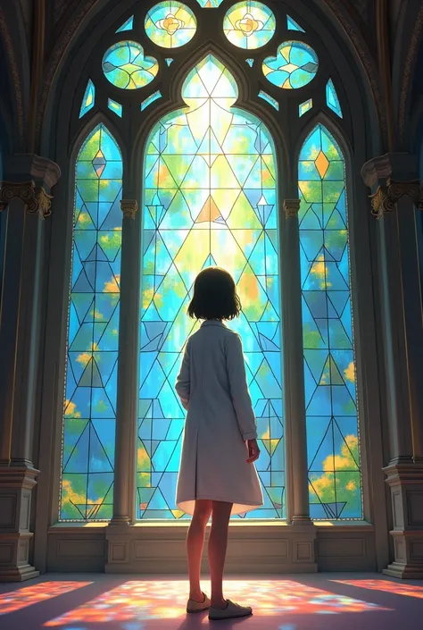 a girl in a white coat and loose will look through a large stained glass window