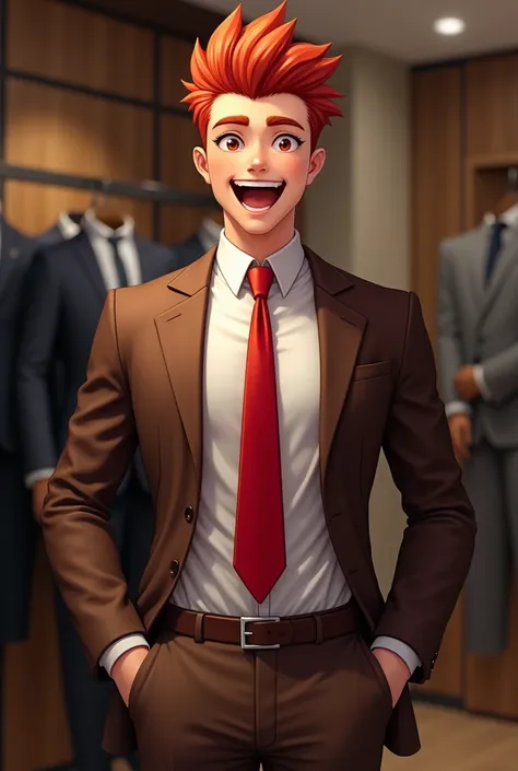 front view, very short hair, red hair, red eyes, spike hair, alone, boy smiling, long sleeves, indoors, suit shop, standing, mouth open, upper body, brown jacket, white shirt, collared shirt, red tie, brown trousers, formal, brown suit, man focus, hands at...