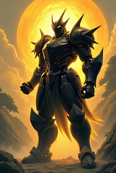 Generate and image of a dark robotic bulky knight with gold aura around his entire body and have a fist infused with gold (ukiyoe style)