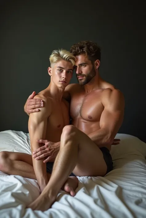 beautiful platinum blond 18 years old naked muscular male model, 50 years old male friend cuddles him, blond looks in front, in bed, full body view,  nude,  legs open, tight ass