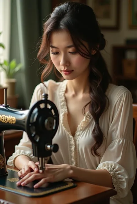 Beautiful woman sitting on a sewing machine