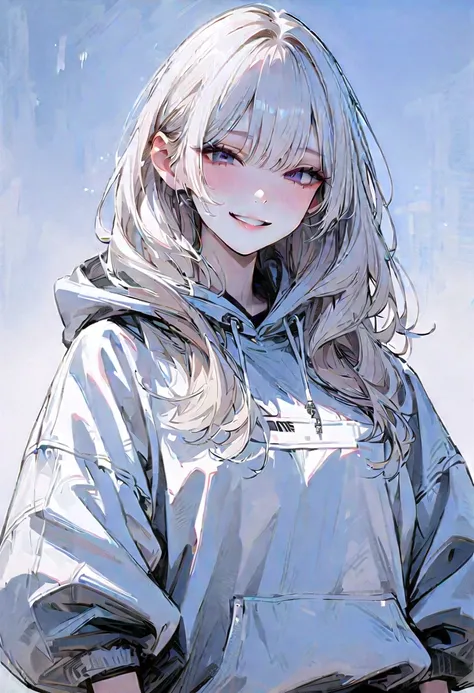 (masterpiece,  Best Quality :1.2),  1 girl,White hair，  unique ，Top hairstyles，Smile. White Skin