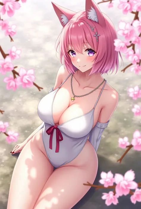 1girl, realistic, (looking at viewer:1), (ulzzang-6500:0.66), thighs, bare legs, dappled sunlight, best quality, ultra high res, (photorealistic:1.4), YaeMiko, fox ears, short hair, pink hair,  yae_sakura, jewelry, cherry blossoms, (smile:1), bare_shoulder...