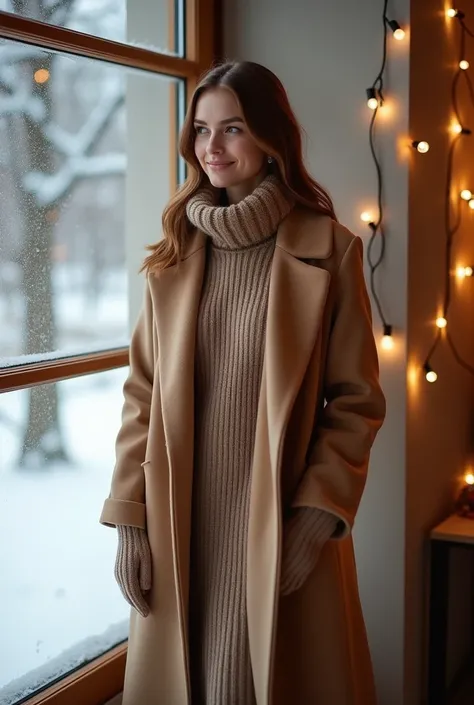 A woman standing by a snowy window wearing a long, eco-friendly wool coat in warm beige, layered over a turtleneck sweater dress. Accessories include a knitted scarf and gloves. Soft indoor lighting with fairy lights in the background.
