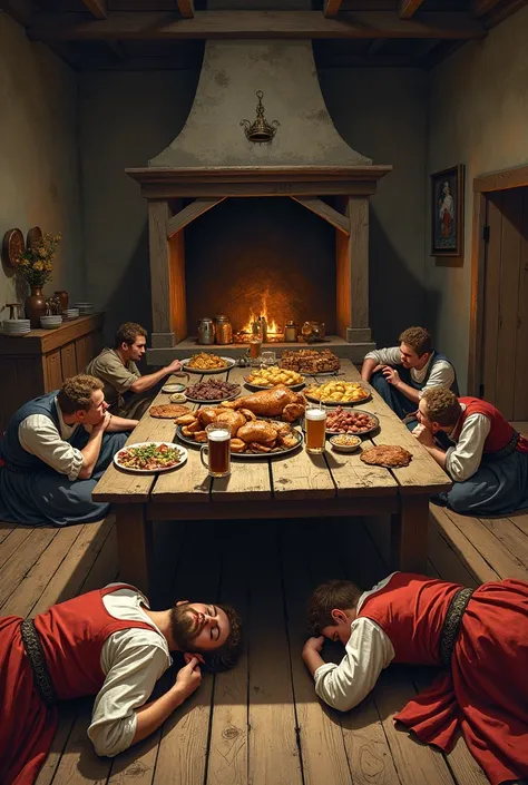 A medieval farmhouse, with a table full of food. People passed out on the farm floor, sleeping under the table. Adult illustration.