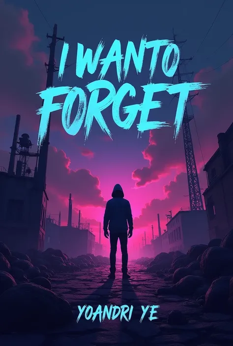  Make an image for a musical cover ,  of a song called  " I Want to Forget " with the source in Spanish for the genre of urban reggaeton,  that the cover has a combination of colors between , purple,  Blue and black with a desolate and apocalyptic place be...