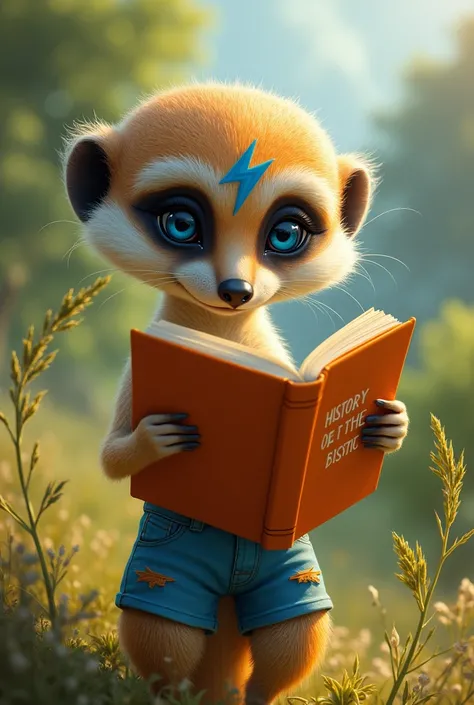 Suricate avec un short bleu et orange, A lightning tattoo on the head , Blue eyes,  reads a book on the history of France 