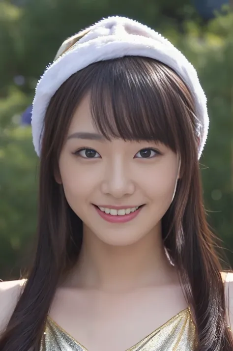 Beautiful woman, Japanese actress, Xmas cap, Xmas goun, ((gold bikini)), looking us, and ((little smiling)), {{walking on the pool in the night}}, (full body shot), incredibly detailed face, incredibly detailed beautiful eye, ((double eyelid)), glossy lips...