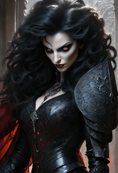 A seductive, evil vampire maiden stands resplendent in a suit of dark, ornate armor, her piercing red eyes gleaming with malevolent intent as she raises a delicate glass of crimson blood to her lips. Her raven tresses cascade down her back like a waterfall...