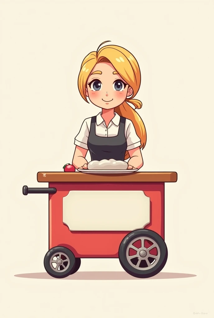 Create an image in a logo-style drawing, Bottomless, with a young saleswoman with blond hair standing in a snack cart, with a blank plate.