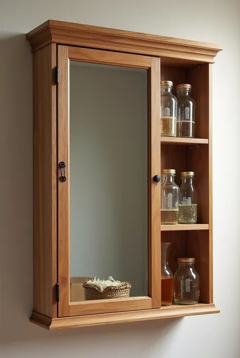 make an attractive hanging Rack image, which should be 4 feet long and 5 feet wide, 1 feet thick, sides made of wood and a sliding glass mirror in front

in it, compartments made and in each compartment, jars filled with gasoline placed