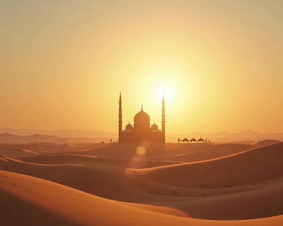 A symbolic representation of Prophet Muhammad (SAW): a vast, tranquil desert landscape at dawn, symbolizing the beginning of a new era through his message. In the foreground, a radiant light shines softly over a simple, majestic mosque, representing the sp...