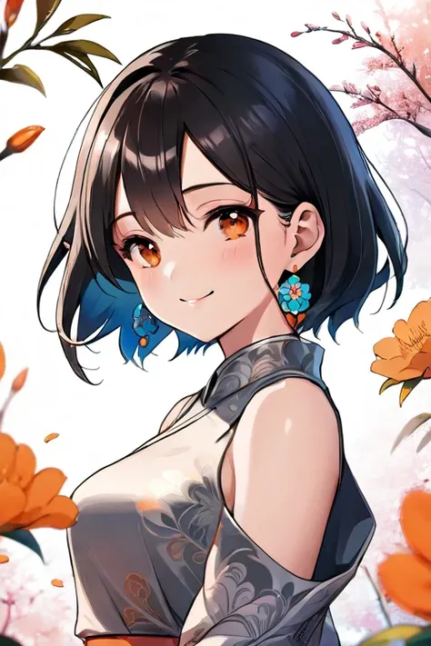  pretty girl, One girl , Big Breasts , black hair, brown eyes, bob hair,Sugar face , beautiful face, blue earrings,Tattoo on arm(red, orange , pink,Gray Flowers ), smiles, Black clothes, fashionable,Empress,masterpiece, accurate,  top quality ,  High Defin...