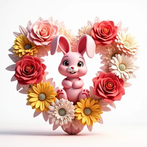 White background, roses, Gerberas daisies gathered together to form a heart. In the middle is a pink rabbit anime 3D