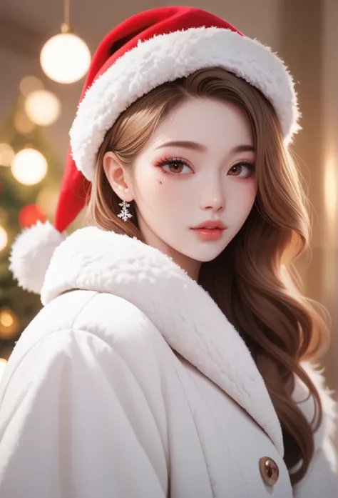 Girl, long soft brown hair, brown eyes, sharp features, white skin, light pink lips, Korean makeup, perfect, wearing a winter dress, Christmas atmosphere.