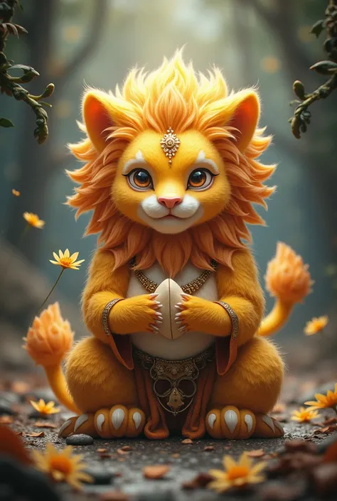 
 a primitive god of compassion whose symbol is a small seed, Let it be a lion furry Buddha style ,  small , compassionate,  adorable and gentle, epic and cool 