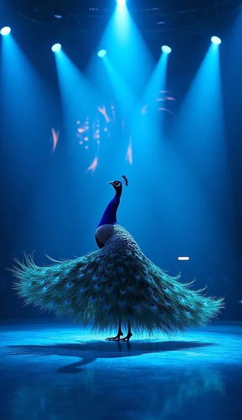 The cinematic scene of American got talent show, a beautiful peacock dancing on the stage in blue lights of original American got talent show.