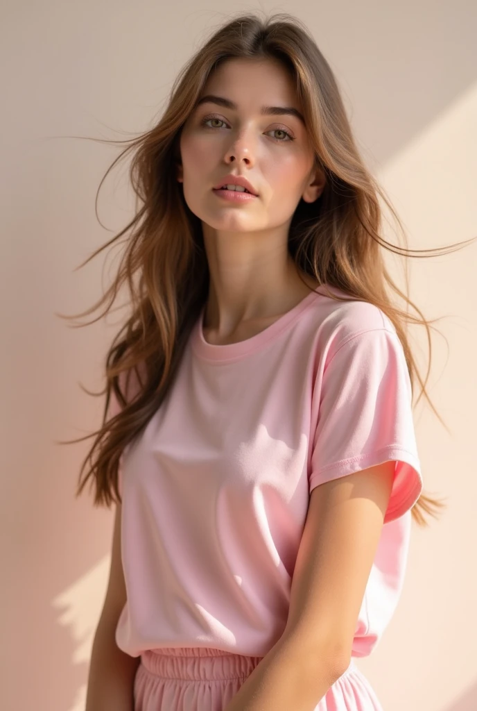 female model baby pink t-shirt