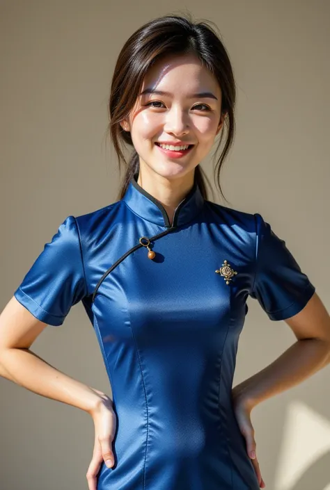 1girl,realistic,photorealistic,waist up,chinese blue dress,smirk,