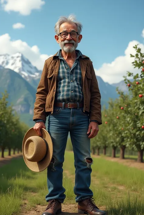  Realistic photo, bottom: blue sky,  some white clouds ,  snowy mountains ,  field of apple trees still green , farm, fertile soil .
 60-year-old man ,  full body, Standing,  tanned skin, ( sparse gray hair on the head ,  wrinkles on the forehead , long no...