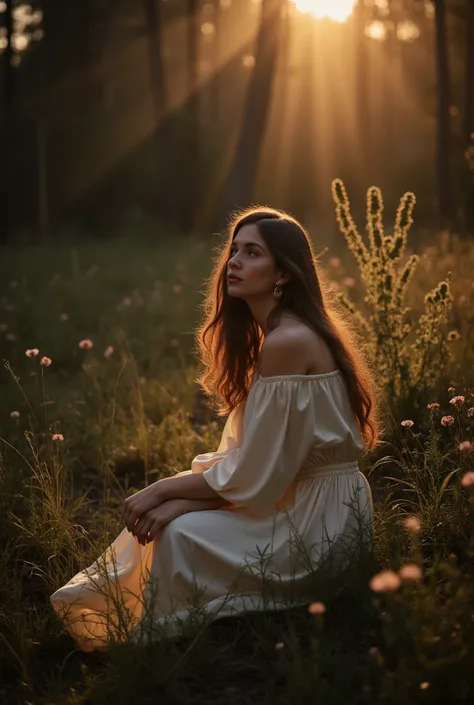 Slavic woman in her 30s, light brown long hair, full body dress Vinho silk dress delicate and beautiful，detaileds，realisticlying，hyper realistic photography，sitting, dynamic pose, 8K UHD，dslr camera，The sun shines in the forest ，hightquality，film grains，Wi...