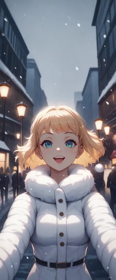 A snowy night with heavy snowfall, illuminated
by a strong flash that overexposes parts of the
snowflakes, dynamic motion caught mid-
movement. A cute girl with short straight bi-
color split hair (black and green) and bangs is
standing on the street, wear...