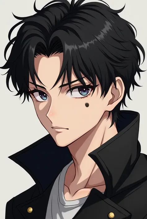 A very handsome anime boy with black hair has a mole under his eyes and cold winks that are strong and long