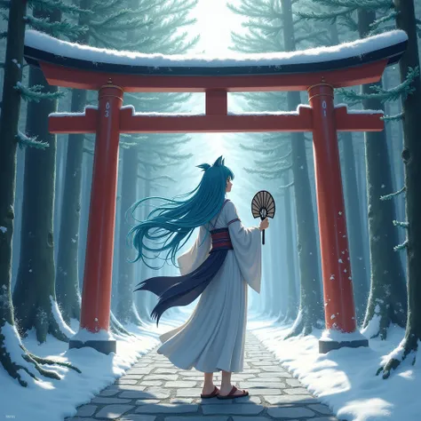 Shrine torii gate、Cedar grove 、 Cobblestone Road 、Shrine maiden&#39;s attire、Wolf Face、woman、 feet are sandals 、 iron fan on the right hand 、 long blue hair 、 hair swirls and sharp forward 、Hoarfrost、 ice crystals scatter anatomically correct,  top quality...